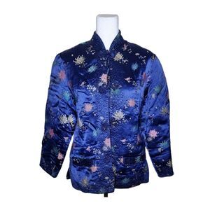 Vintage Peony Traditional Chinese Jacket Frog Buttons Womens Size M Blue Quilted